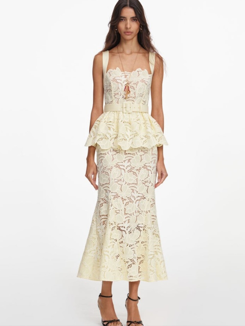 Self Portrait Yellow Lace Peplum Midi Dress